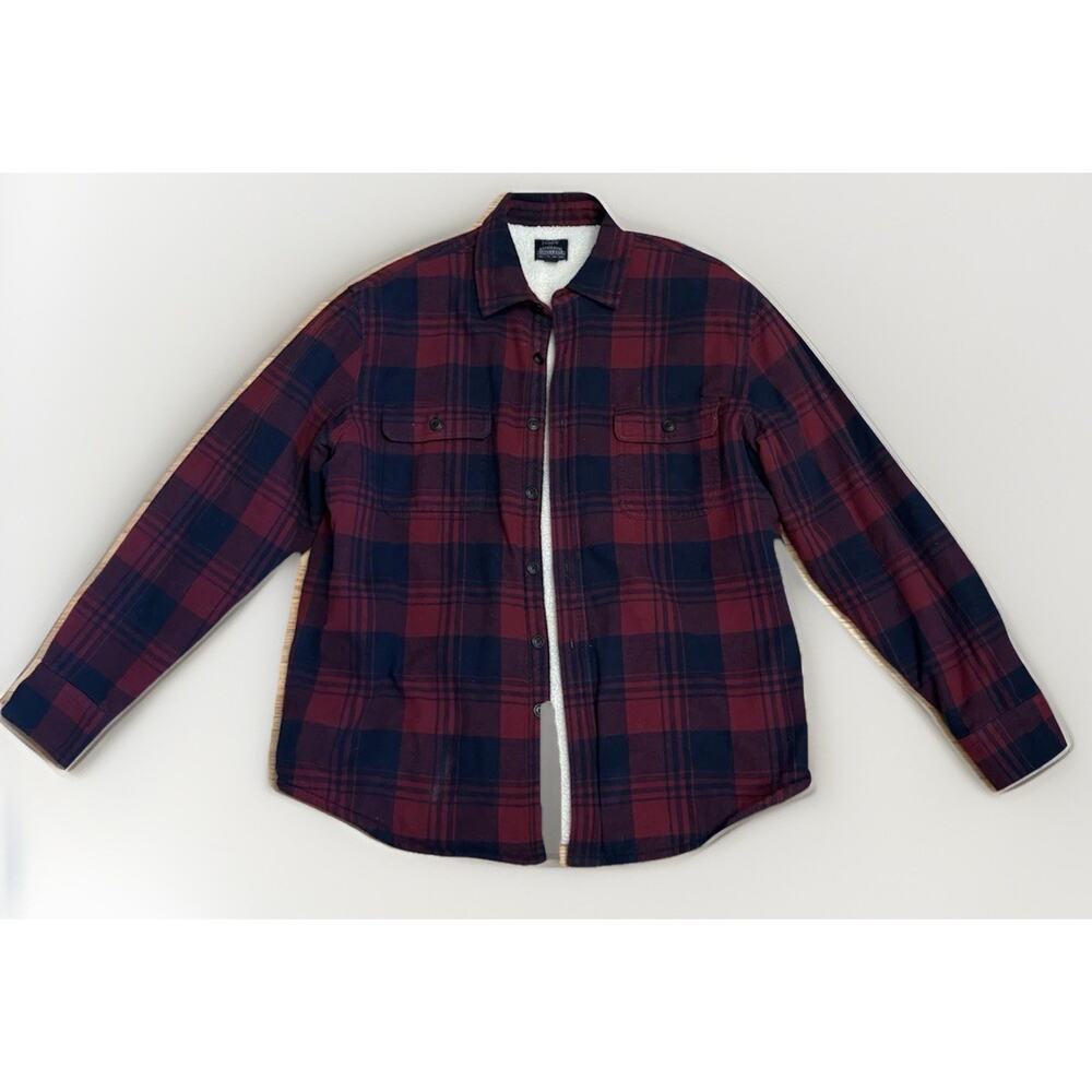 J Crew Buffalo Plaid Sherpa Lined Flannel Shirt Jacket Men's Large Red